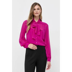Hodvábna košeľa Luisa Spagnoli ružová farba, regular, s viazaním vo výstrihu