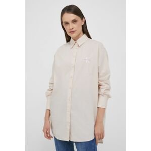 Bavlnená košeľa Calvin Klein Jeans dámska, béžová farba, voľný strih, s klasickým golierom