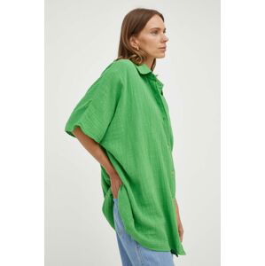 Bavlnená košeľa American Vintage dámska, zelená farba, voľný strih, s klasickým golierom