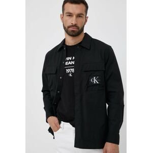 Košeľa Calvin Klein Jeans pánska, čierna farba, voľný strih, s klasickým golierom