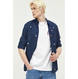 Bavlnená košeľa Tommy Jeans pánska, tmavomodrá farba, regular, s golierom button-down