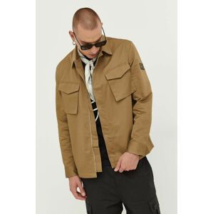 Bavlnená bunda HUGO hnedá farba, prechodná, oversize