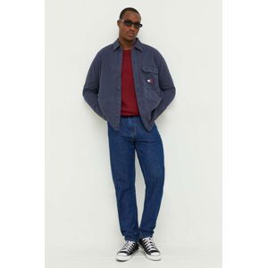 Bavlnená košeľa Tommy Jeans pánska, tmavomodrá farba, voľný strih, s klasickým golierom