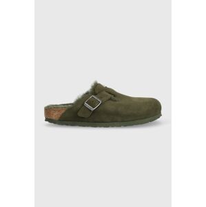 Semišové šľapky Birkenstock Boston FUR dámske, zelená farba, 1025667