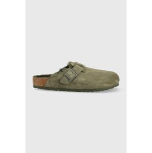 Semišové šľapky Birkenstock Boston FUR pánske, zelená farba, 1025686