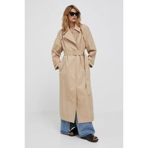Kabát Calvin Klein dámsky, hnedá farba, prechodný, dvojradový