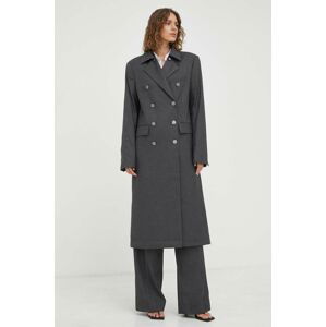 Kabát Remain dámsky, šedá farba, prechodný, dvojradový