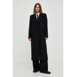 Vlnený kabát Drykorn čierna farba, prechodný, dvojradový