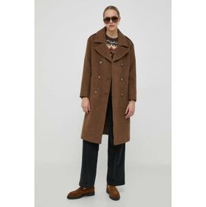 Vlnený kabát Pepe Jeans Marlin hnedá farba, prechodný, dvojradový