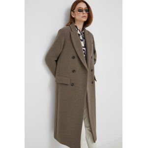 Vlnený kabát Sisley béžová farba, prechodný, dvojradový