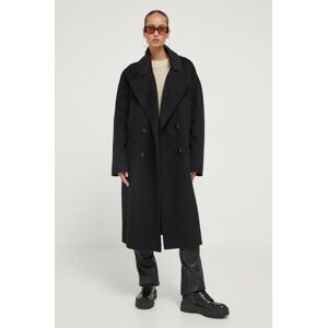 Vlnený kabát HUGO čierna farba, prechodný, oversize
