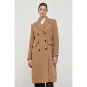 Vlnený kabát Dkny hnedá farba, prechodný, dvojradový