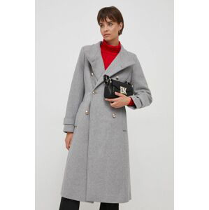 Vlnený kabát Dkny šedá farba, prechodný, dvojradový