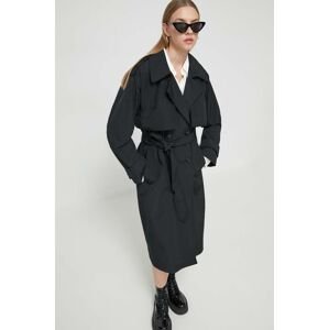 Kabát Abercrombie & Fitch dámsky, čierna farba, prechodný, dvojradový