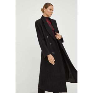 Vlnený kabát Gestuz čierna farba, prechodný, dvojradový
