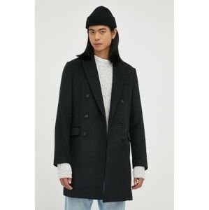 Kabát s prímesou vlny Bruuns Bazaar čierna farba, prechodný, dvojradový