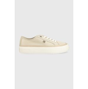 Tenisky Tommy Hilfiger ESSENTIAL VULC CANVAS dámske, béžová farba, FW0FW07459