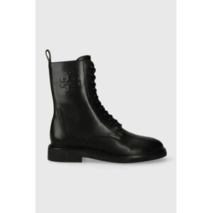 Kožené členkové topánky Tory Burch DOUBLE T COMBAT BOOT dámske, čierna farba, na plochom podpätku, 154336-006