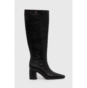 Kožené čižmy Tory Burch BANANA TALL BOOT dámske, čierna farba, na podpätku, 154529-006