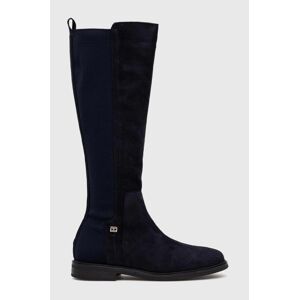 Vysoké čižmy Tommy Hilfiger TOMMY ESSENTIALS LONGBOOT dámske, tmavomodrá farba, na plochom podpätku, FW0FW07476