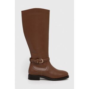 Kožené čižmy Tommy Hilfiger ELEVATED ESSENT THERMO LONGBOOT dámske, hnedá farba, na plochom podpätku, FW0FW07484