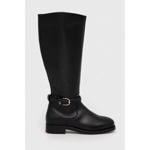 Kožené čižmy Tommy Hilfiger ELEVATED ESSENT THERMO LONGBOOT dámske, čierna farba, na plochom podpätku, FW0FW07484