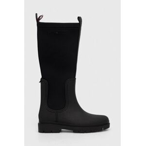 Vysoké čižmy Tommy Hilfiger ESSENTIAL TOMMY RAINBOOT dámske, čierna farba, na plochom podpätku, FW0FW07666