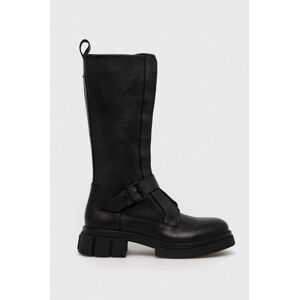 Kožené čižmy Tommy Hilfiger COOL MONOCHROMATIC BIKERBOOT dámske, čierna farba, na plochom podpätku, FW0FW07338