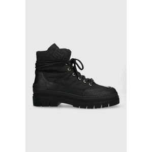 Členkové topánky Tommy Hilfiger TH MONOGRAM OUTDOOR BOOT dámske, čierna farba, na plochom podpätku, zateplené, FW0FW07502