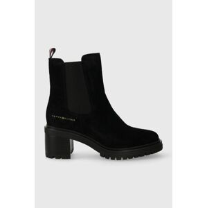 Semišové topánky chelsea Tommy Hilfiger ESSENTIAL MIDHEEL SUEDE BOOTIE dámske, čierna farba, na podpätku, FW0FW07522