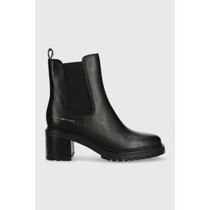 Kožené topánky chelsea Tommy Hilfiger ESSENTIAL MIDHEEL LEATHER BOOTIE dámske, čierna farba, na podpätku, FW0FW07523