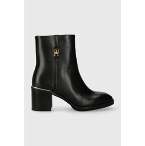 Kožené členkové topánky Tommy Hilfiger FEMININE TH HARDWARE MID BOOTIE dámske, čierna farba, na podpätku, FW0FW07539