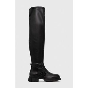 Vysoké čižmy Tommy Hilfiger STRETCH MONOCHROMATIC LONGBOOT dámske, čierna farba, na platforme, FW0FW07611