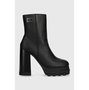 Kožené členkové topánky Tommy Jeans TJW HIGH HEEL ANKLE BOOT dámske, čierna farba, na podpätku, EN0EN02256