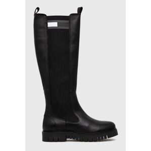 Vysoké čižmy Tommy Jeans TJW HIGH SHAFT BOOT dámske, čierna farba, na plochom podpätku, EN0EN02316