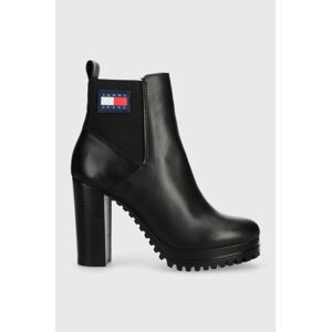 Kožené členkové topánky Tommy Jeans TJW NEW ESS HIGH HEEL BOOT dámske, čierna farba, na plochom podpätku, EN0EN02439