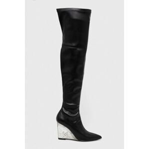 Vysoké čižmy Karl Lagerfeld ICE WEDGE dámske, čierna farba, na kline, KL34680