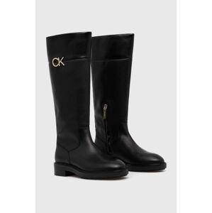 Vysoké čižmy Calvin Klein RUBBER SOLE KNEE BOOT W/HW dámske, čierna farba, na plochom podpätku, HW0HW01689