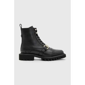 Kožené členkové topánky AllSaints Tori dámske, čierna farba, na podpätku, WF720X