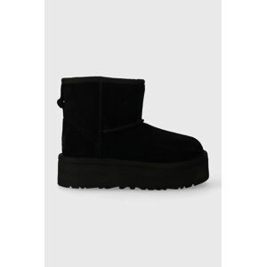 Detské semišové snehule UGG CLASSIC MINI PLATFORM KIDS čierna farba