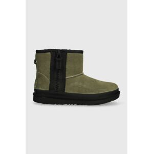 Detské semišové snehule UGG KIDS CLASSIC MINI ZIPPER TAPE L zelená farba