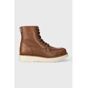 Kožená obuv Tommy Hilfiger TH AMERICAN WARM LEATHER BOOT pánske, hnedá farba, FM0FM04668