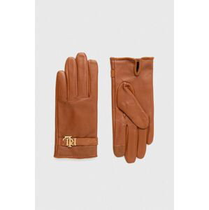 Kožené rukavice Lauren Ralph Lauren dámske, hnedá farba