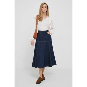 Rifľová sukňa Lauren Ralph Lauren tmavomodrá farba, midi, áčkový strih
