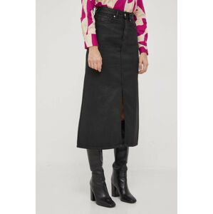 Rifľová sukňa Tommy Hilfiger čierna farba, midi, rovný strih
