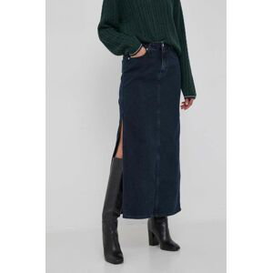 Rifľová sukňa Calvin Klein Jeans tmavomodrá farba, maxi, rovný strih