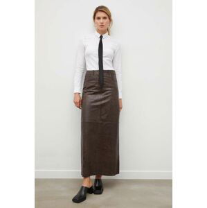 Kožená sukňa Gestuz hnedá farba, maxi, rovný strih