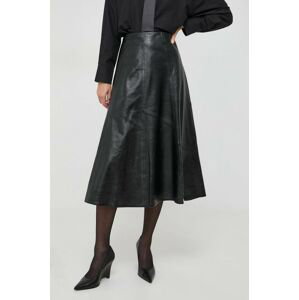 Kožená sukňa Ivy Oak čierna farba, midi, áčkový strih