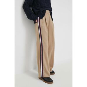 Nohavice s prímesou vlny Tommy Hilfiger béžová farba, široké, vysoký pás