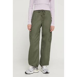 Nohavice Hollister Co. dámske, zelená farba, strih cargo, vysoký pás